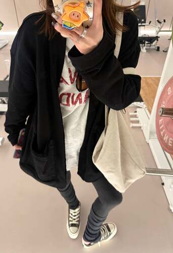 道袍领 两侧立体口袋 100%棉  黑色毛边松弛开衫外套上衣女