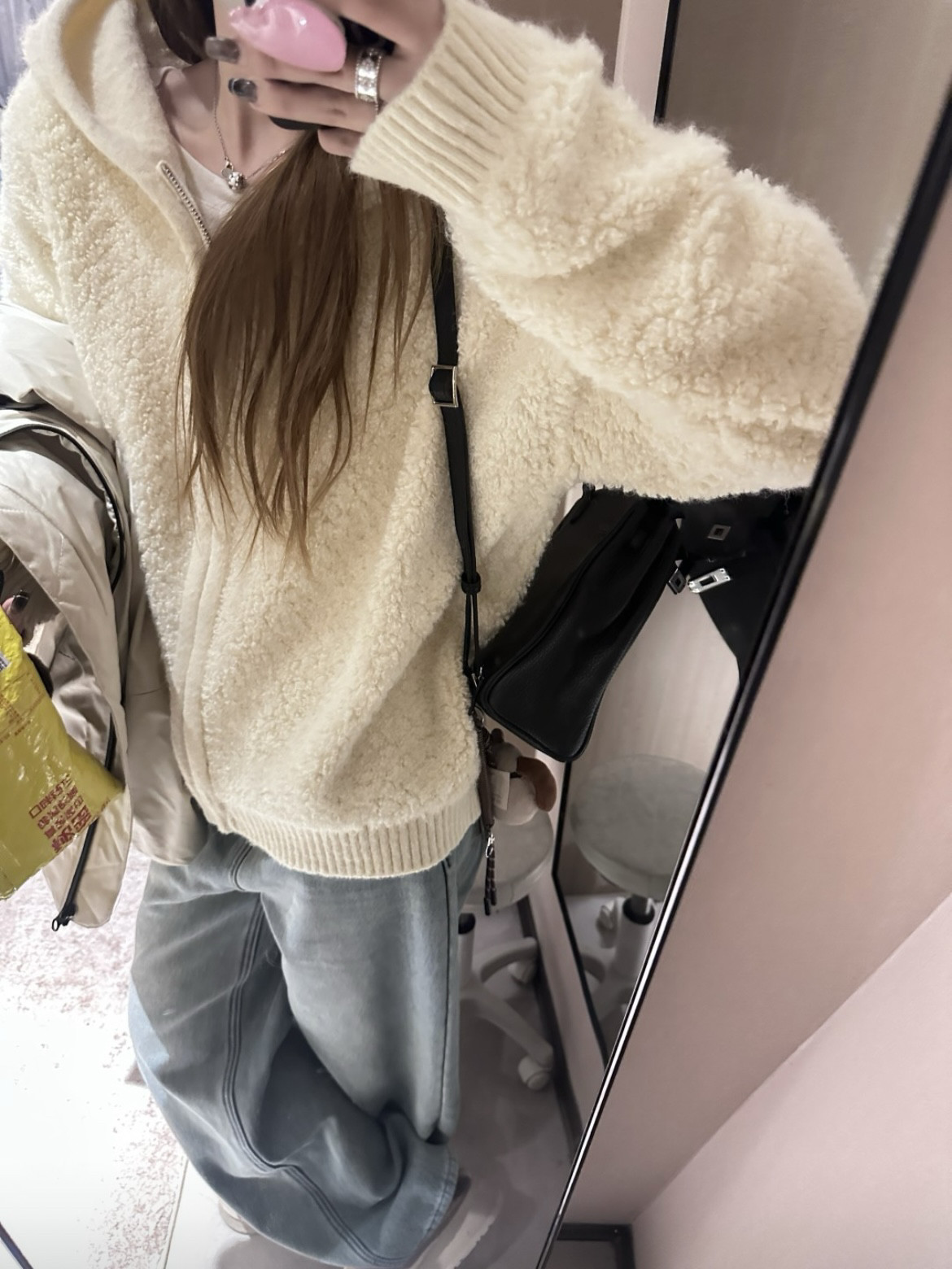 860g高克重加厚奶白色圈圈毛拉链宽松羊毛连帽开衫外套上衣