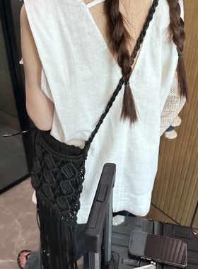 夏季白色亚麻后领镂空无袖背心上衣 可前后两穿