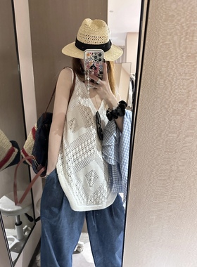 100%棉 重工钩花镂空全棉针织背心 白色v领无袖吊带背心上衣女夏
