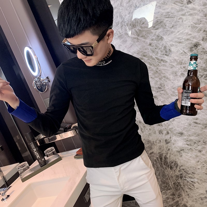 社会精神小伙修身长袖T恤衫男A343-T黑,男装T恤,电商A343
