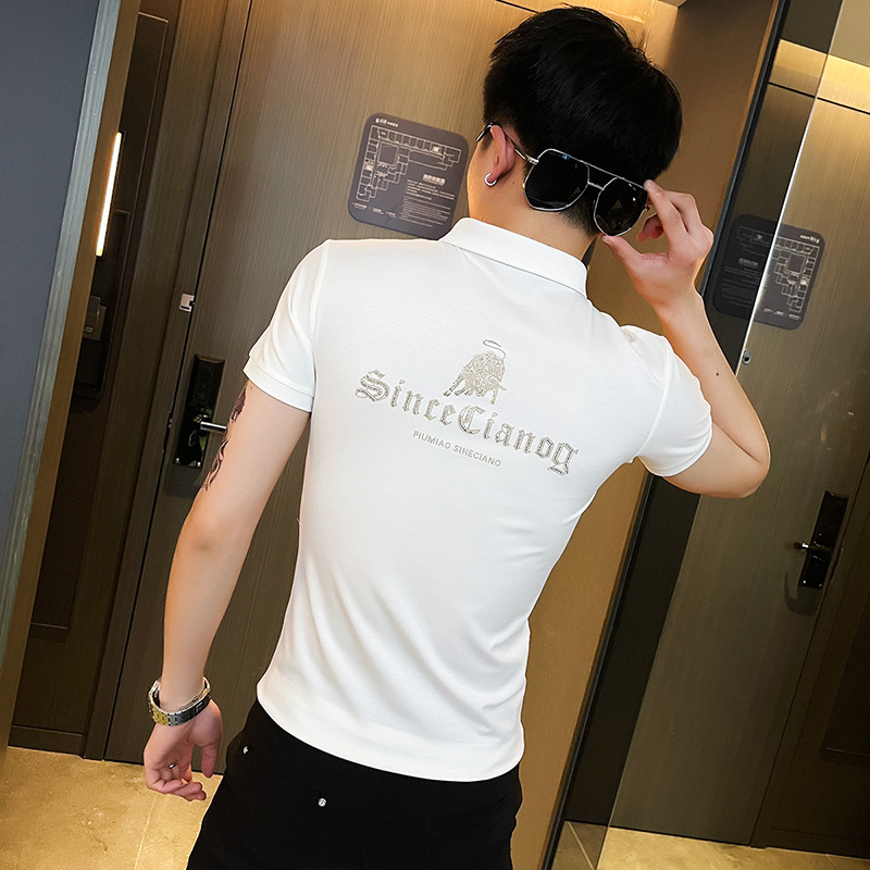 PL63社会小伙修身印花短袖polo衫白1，男装Polo衫，电商A343