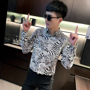 CS164 秋装社会小伙豹纹修身长袖衬衫男衬衣 黄图片