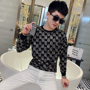 WY81 秋装社会精神小伙修身卫衣男套头衫 黑图片