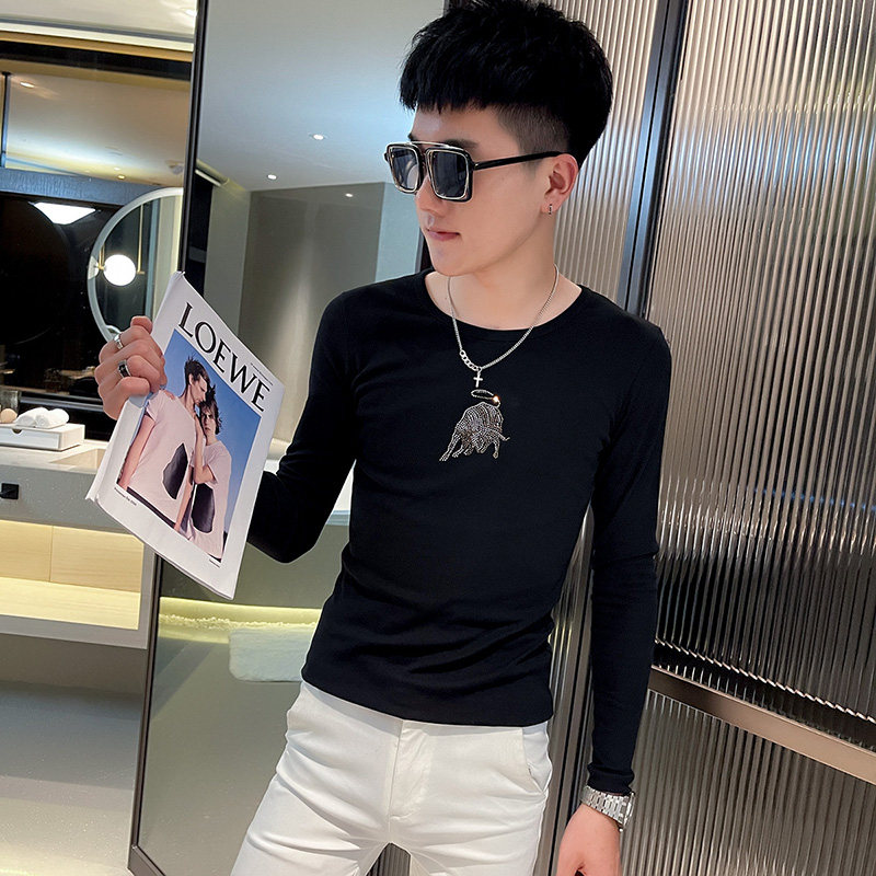T秋季社会小伙修身打底衫长袖T恤男潮流黑,男装T恤,电商A343