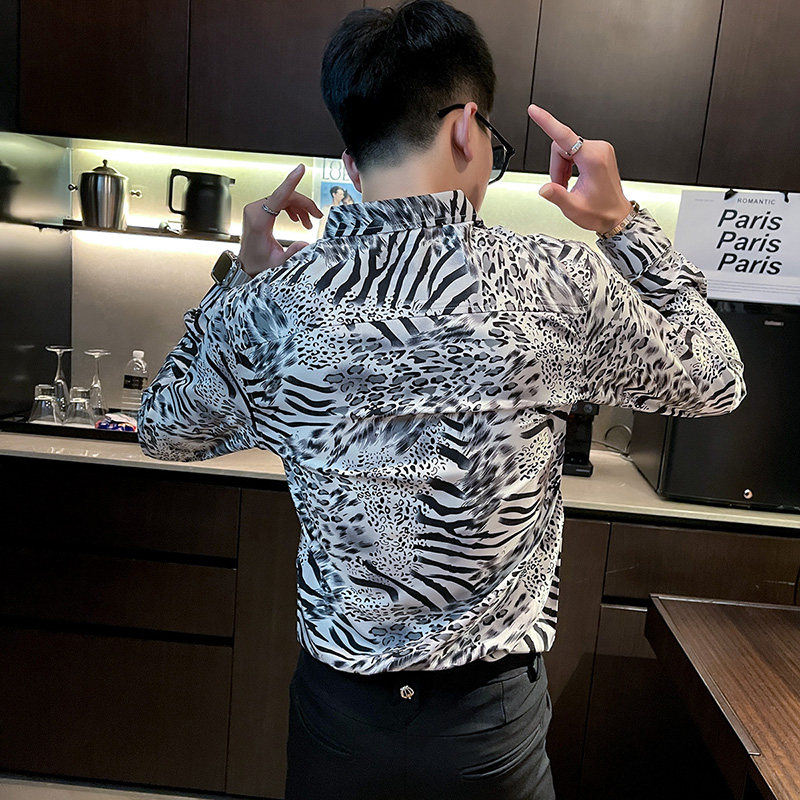 CS164秋装社会小伙豹纹修身长袖衬衫男衬衣黑,男装衬衫,电商A343