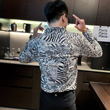 CS164秋装社会小伙豹纹修身长袖衬衫男衬衣黑，男装衬衫，电商A343