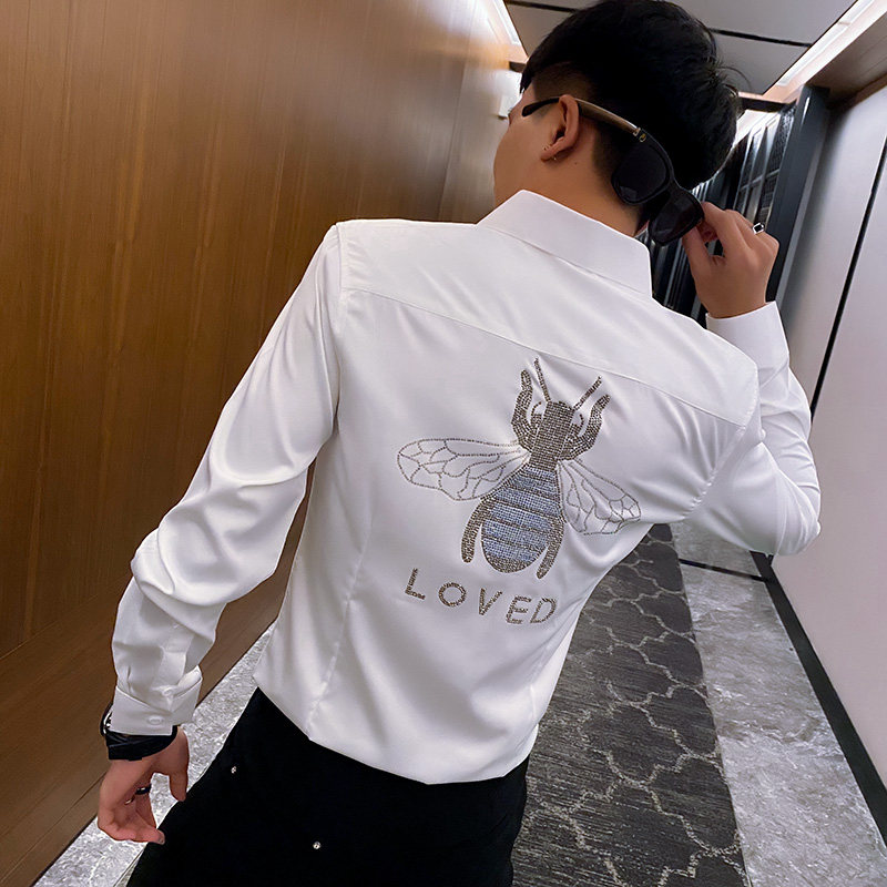 秋装社会精神小伙烫钻长袖衬衫男衬衣黑CS139-P65,男装衬衫,电商A343