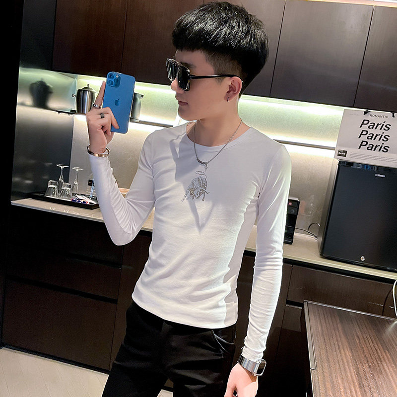 T 秋季社会小伙修身打底衫长袖T恤男潮流 白图片