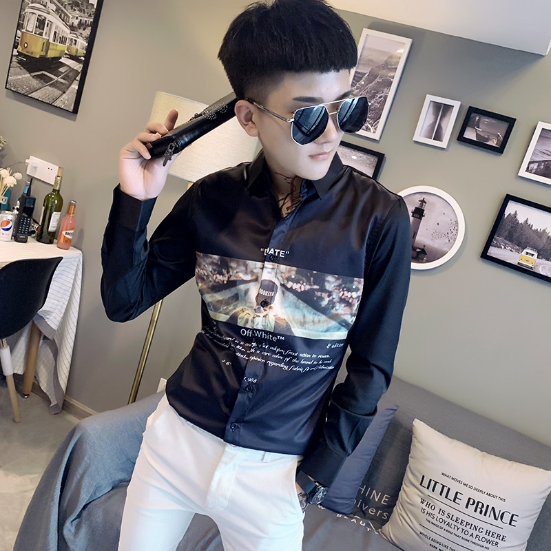 社会精神小伙修身印花长袖衬衫男衬衣白A343-CS99-P65,男装衬衫,电商A343