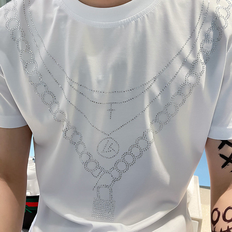 TX252-P45控65夏季短袖T恤衫社会小伙修身烫钻半袖tee潮白色,男装T恤,电商A343