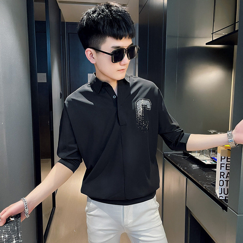 CS161社会小伙印花套头七分袖衬衫衬衣男潮白1,男装衬衫,电商A343