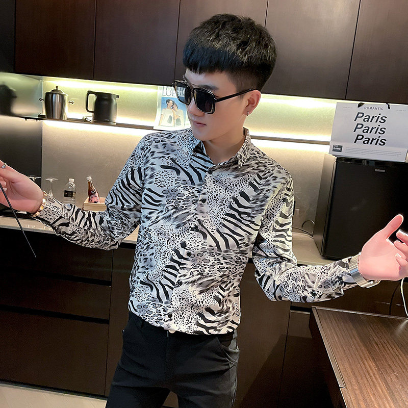 CS164 秋装社会小伙豹纹修身长袖衬衫男衬衣 黑图片