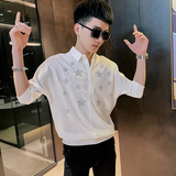 CS159社会小伙星星烫钻套头七分袖衬衫花衬衣男潮白，男装衬衫，电商A343