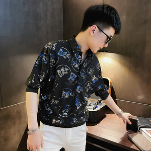 CS160 社会小伙烫金印花套头七分袖衬衫花衬衣男潮 黑图片