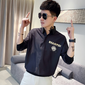 CS147-P58 控78 社会小伙印花套头七分袖衬衫花衬衣男潮 黑1图片