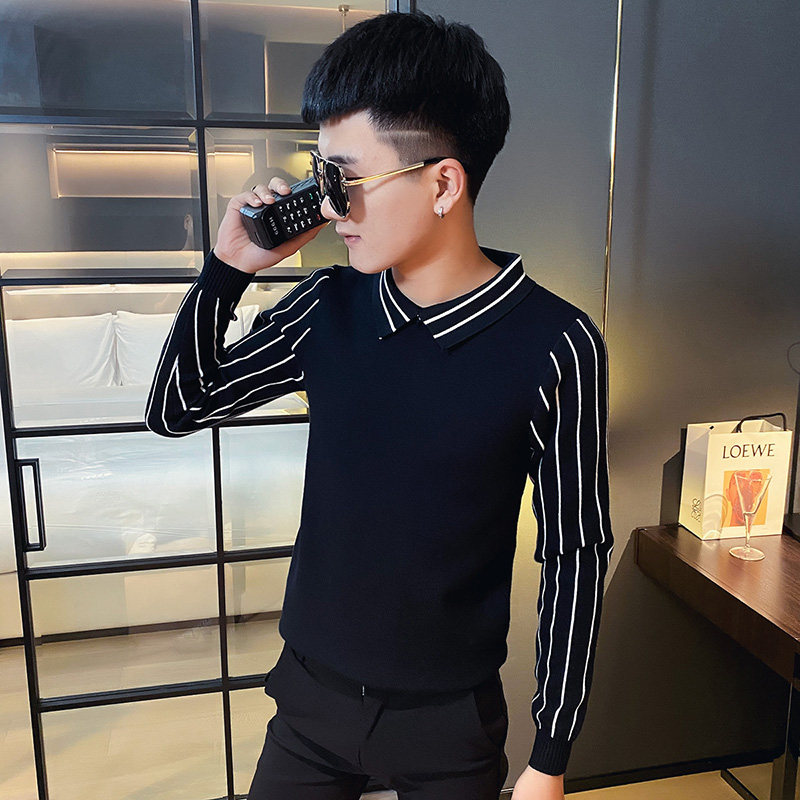 秋冬社会小伙假两件翻领针织衫套头毛线衣潮 A343-MY26-P68 黑图片