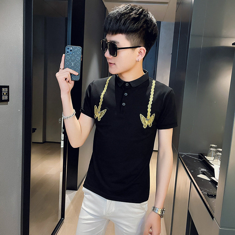 PL69 社会精神小伙修身刺绣短袖polo衫 黑1图片