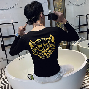 T 秋季社会小伙修身打底衫长袖T恤男潮流 白1图片