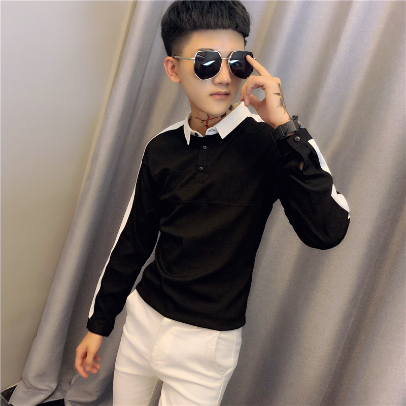 社会精神小伙修身拼色长袖衬衫男衬衣白A343-CS66-P60,男装衬衫,电商A343