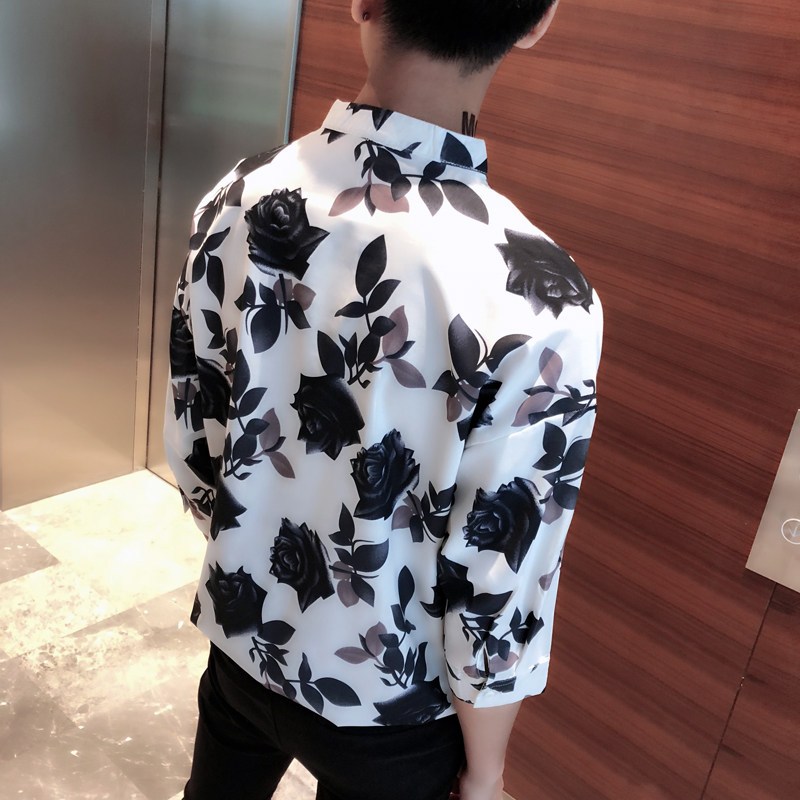 社会小伙印花套头V领五分袖衬衫花衬衣A343-CS16-P58,男装衬衫,电商A343