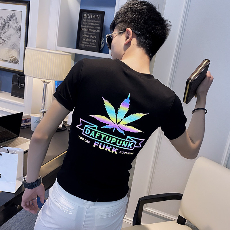 社会小伙夏季反光短袖T恤半袖修身tee白TX141-P38控58,男装T恤,电商A343