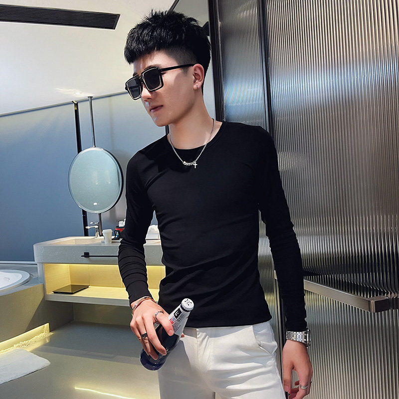 T秋季社会小伙纯色修身打底衫长袖T恤男潮流蓝,男装T恤,电商A343