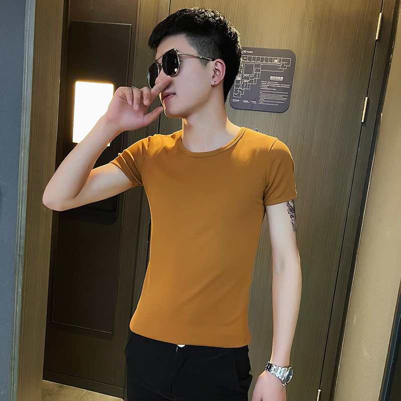 TX205-P25控45纯色短袖T恤衫社会小伙半袖修身tee粉,男装T恤,电商A343