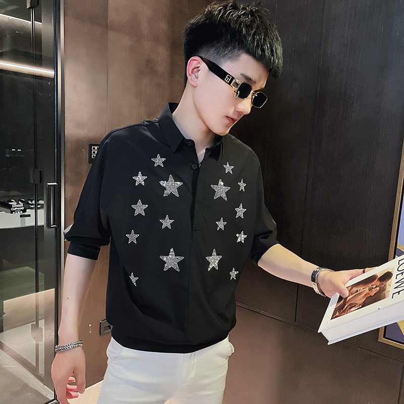 CS159社会小伙星星烫钻套头七分袖衬衫花衬衣男潮白,男装衬衫,电商A343