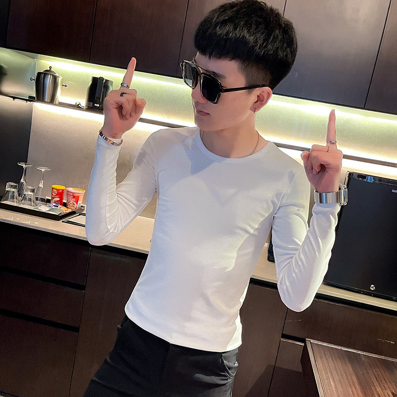 T秋季社会小伙纯色修身打底衫长袖T恤男潮流蓝,男装T恤,电商A343