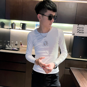 T 秋季社会小伙修身打底衫长袖T恤男潮流 白1图片