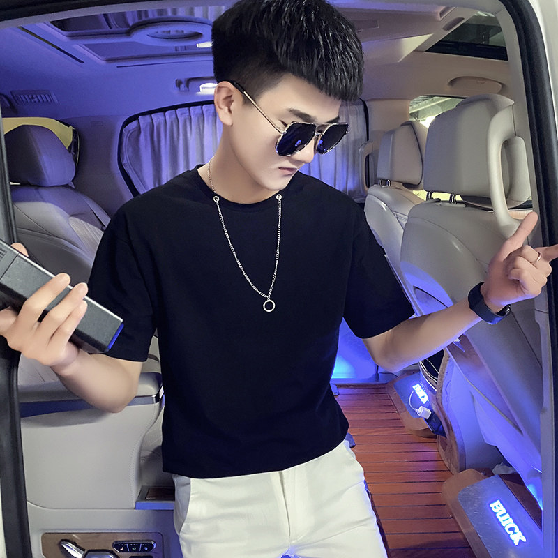 短袖T恤衫社会小伙宽松项链装饰半袖tee潮黑色A343-TX163-P30，男装T恤，电商A343