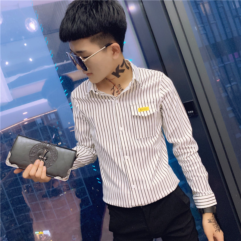 社会精神小伙修身条纹长袖衬衫男衬衣白A343-CS102-P60,男装衬衫,电商A343