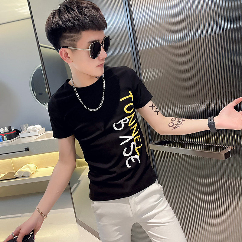 TX261-P38控58夏季短袖T恤衫社会小伙修身印花半袖tee潮白色1,男装T恤,电商A343