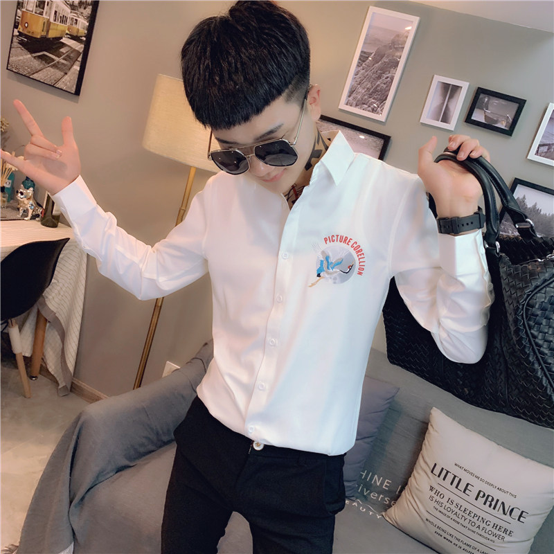 社会小伙修身刺绣印花长袖衬衫男衬衣黑a343-CS100-P65,男装衬衫,电商A343
