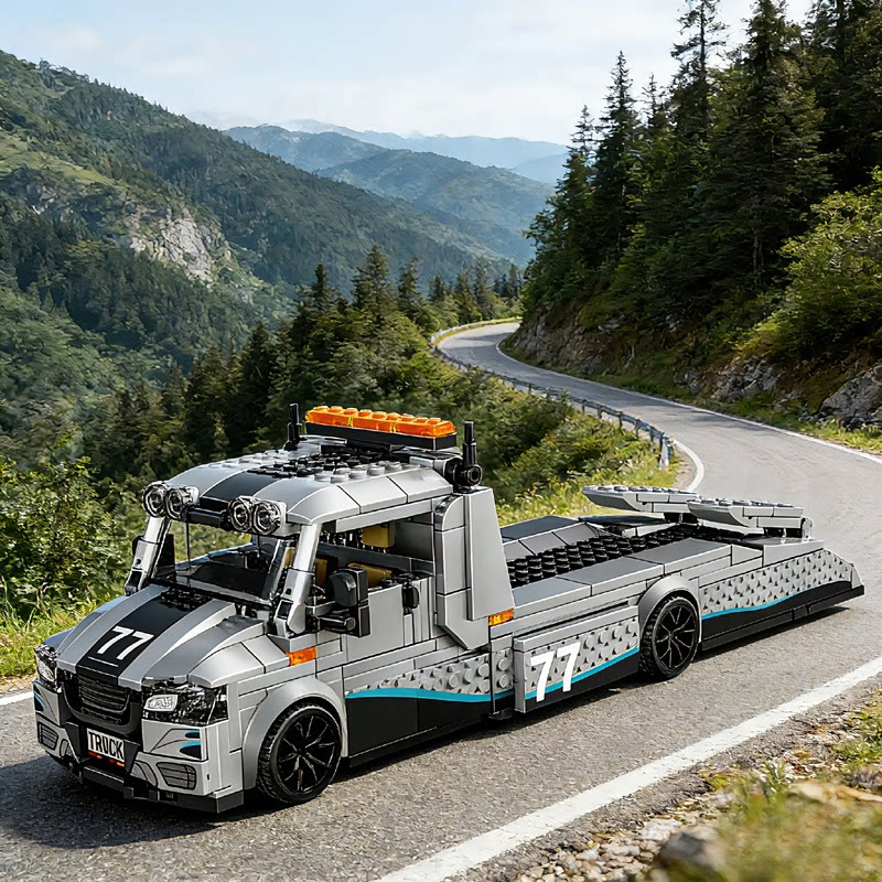 潮玩积木奔驰Sprinter改装拖车汽车牵引车救援车钩车积木拼装玩具