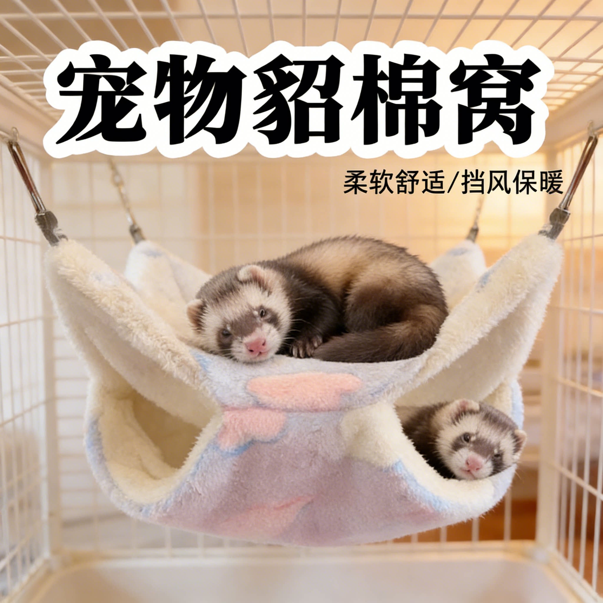宠物貂棉窝保暖方形毛绒秋千吊床睡袋通用柔软舒适挡风小动物窝