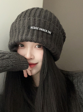 日系大头围毛线帽子女秋冬季显脸小保暖护耳针织冷帽宽松堆堆帽