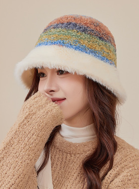 彩虹条纹渔夫帽子女韩版时尚加厚毛绒帽秋冬季户外显脸小盆帽