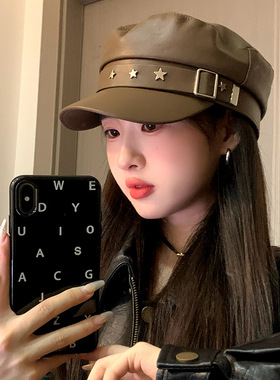 五角星平顶帽子女韩版春秋季百搭时尚画家帽宽檐遮脸复古报童帽