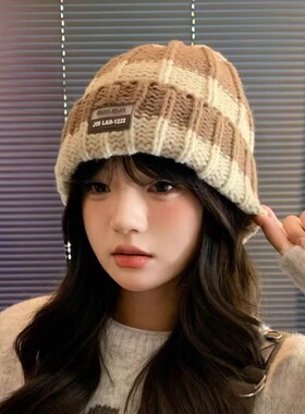 显脸小毛线帽女秋冬韩版拼色条纹针织帽情侣潮百搭加厚保暖冷帽