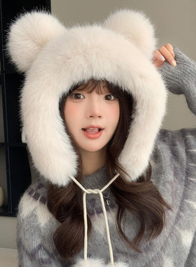 毛绒帽子女秋冬日系可爱加厚保暖小熊雷锋帽骑车防寒大头围包头帽
