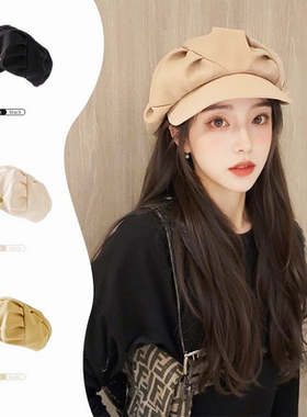 八角帽女日系褶皱拼接英伦风复古春秋百搭大头围报童贝雷帽鸭舌帽