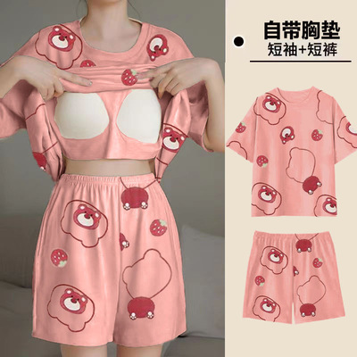 一体式带胸垫睡衣女夏季短袖短裤韩版卡通可爱甜美休闲家居服