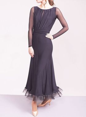 异国舞蹈2017新款长袖百褶上身收腰半包臀软骨大摆摩登舞裙W17008