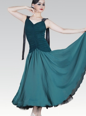 摩登舞练功服女春夏新款交谊舞无袖吊带飘修身长袖鱼骨大摆连衣裙