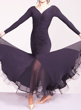 异国2017新款前后抓皱V领长袖包臀宽边软骨边摩登舞连衣裙W17006
