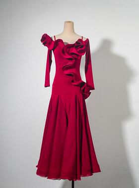 摩登舞练功服女春夏新款交谊舞荷叶花边领修身长袖鱼骨大摆连衣裙