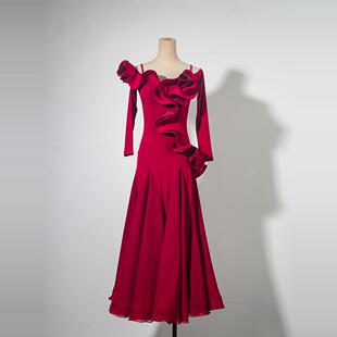 摩登舞练功服女春夏新款交谊舞荷叶花边领修身长袖鱼骨大摆连衣裙