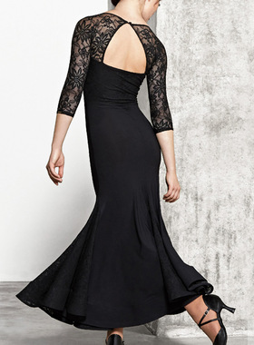 异国舞蹈摩登舞国标舞连衣裙新款圆领蕾丝露背大摆练功表演裙2001